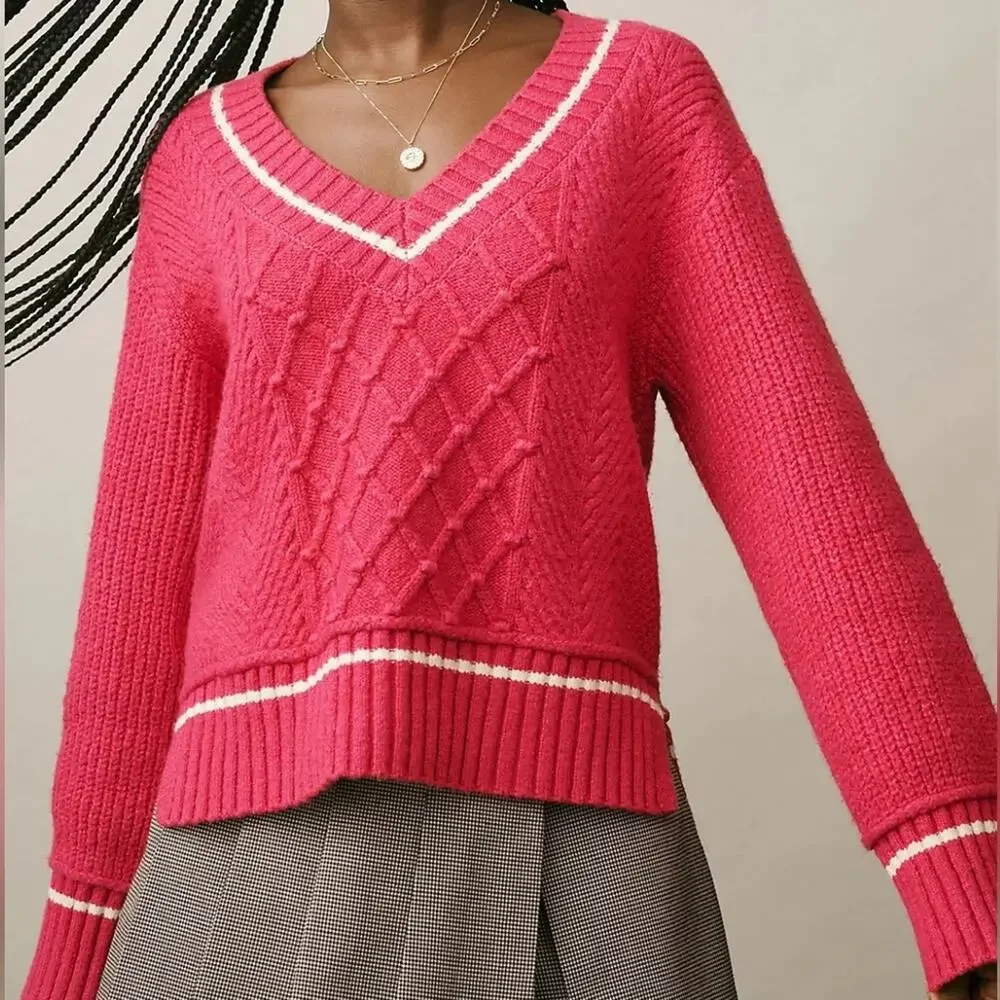Anthropologie Maeve Tilly V-Neck Tennis Prep Cotton Blend Pink Pullover Sweater